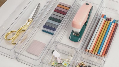 Martha Stewart Clear Plastic Stackable Desk Drawer Organizers, Set of 6
