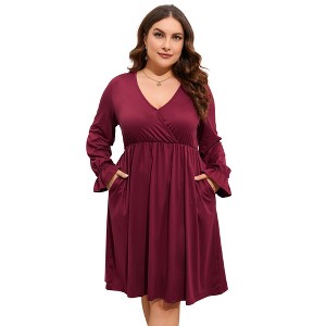 BLUEMING Plus Size Women Dress Faux Wrap V Neck Dress with Ruffle Cuff Bishop Sleeve Fall Midi Dress - 1 of 4