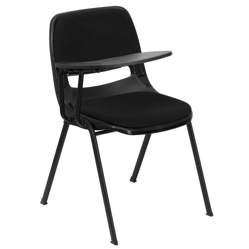 Emma and Oliver Black Padded Ergonomic Shell Chair with Left Handed Flip-Up Tablet Arm Desk, 1 of 12