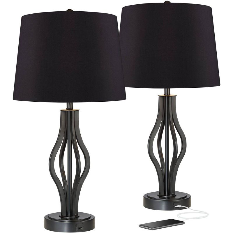 360 Lighting Heather Modern Industrial Table Lamps 25 3/4" High Set of 2 Dark Iron with USB Charging Port Black Faux Silk Drum Shade for Bedroom Desk, 1 of 7