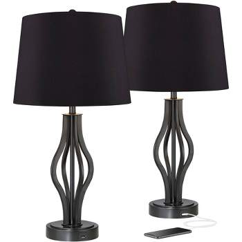360 Lighting Heather Modern Industrial Table Lamps 25 3/4" High Set of 2 Dark Iron with USB Charging Port Black Faux Silk Drum Shade for Bedroom Desk