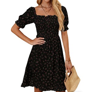 Women's Square Neck Short Sleeve Smocked Ruffled Hem Floral Midi Dress - 1 of 4