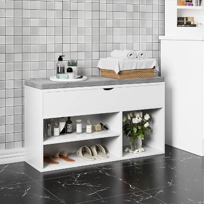 Shoe Storage Bench, Entryway Bench with Cushioned Seat and 2 Tiers of Shelves with Lift Top Storage Box