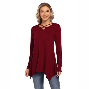 Women's Long Swing Tunic Blouses Long Sleeve Tshirts Casual Flowy Dressy Tops for Leggings Blouse - 1 of 4