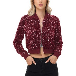 Anna-Kaci Women's Sequin Zip-Up Bomber Jacket with Ribbed Trim and Long Sleeves - 1 of 4