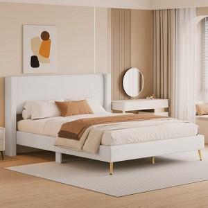 NicBex Queen Size Upholstered Bed Frame with Corduroy Wingback Headboard,Platform Bed Frame with Metal Legs,No Box Spring Needed,Easy Assembly,Beige - 1 of 4
