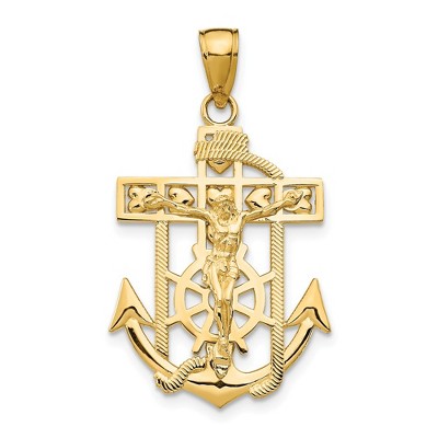 Black Bow Jewelry 14k Yellow or Two-Tone Gold Textured Mariner Crucifix Pendant, 18x33mm