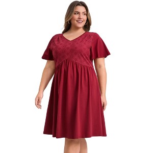 GRACE & GRANDEUR Women's Plus Size V Neck Ruffle Sleeve High Waist Front Embroidered A Line Dresses - 1 of 4