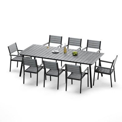 Crestlive Products Outdoor Dining Set Patio Dining Table Wooden-Like Top and Aluminum Frame Umbrella Hole