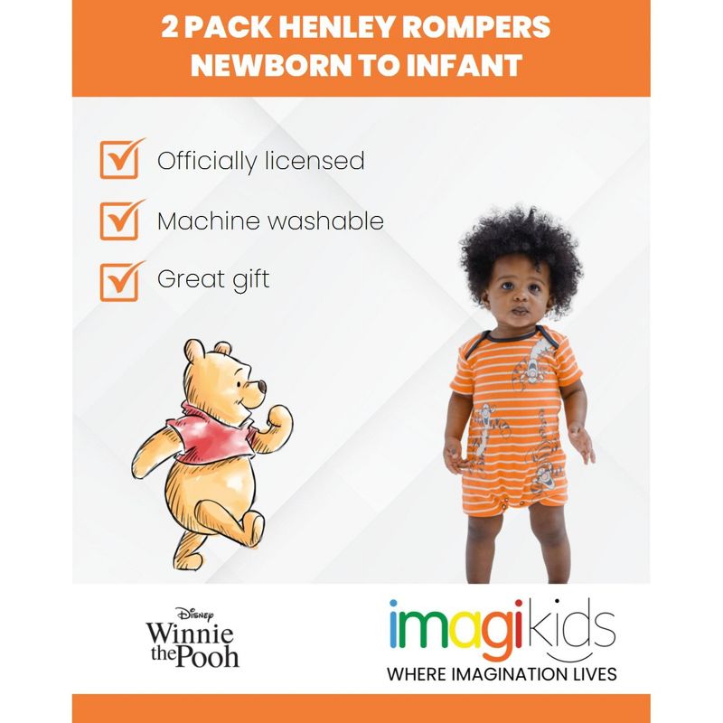 Disney Winnie the Pooh Mickey Mouse Tigger Baby 2 Pack Henley Rompers Newborn to Toddler, 3 of 8