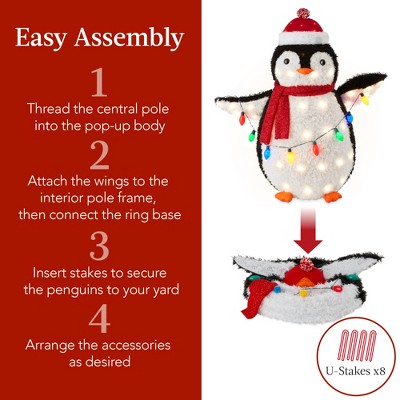 Lighted 3ft Pop-Up Penguin Family with Red Accessories