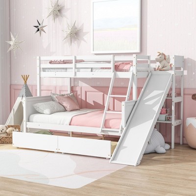 NicBex Twin over Full Bunk Bed Wooden Bed Frame with 2 Drawers, Slide, Inclined Ladder and Full Length Guardrail, No Box Spring Required