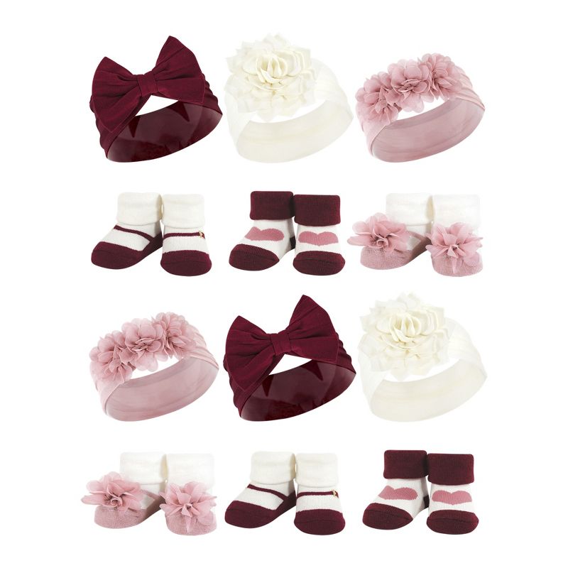 Hudson Baby Infant Girl 12Pc Headband and Socks Giftset, Burgundy Blush, One Size, 1 of 3