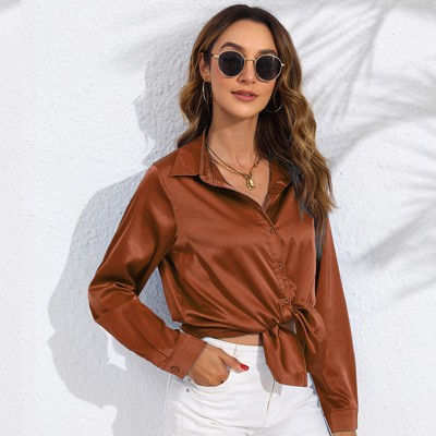 Women's Satin Silk - Like Long - Sleeve Shirt, Button - Down Collared Top with Tie - Front Detail