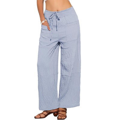 INSPIRE CHIC Women's Casual Wide Leg Adjustable Tie Knot Elastic Waist Flowy Pants with Pockets