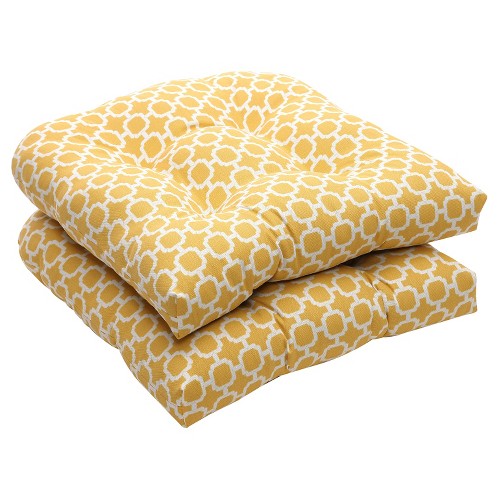 Outdoor 2 Pc Wicker Chair Cushion Set - Yellow/White Geometric - Pillow Perfect