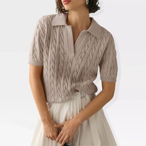 Womens Sweater Knit Tops Short Sleeve No Buttom Polo Collar Sweater Ribbed Cuff Fancy Knitwear - 1 of 4