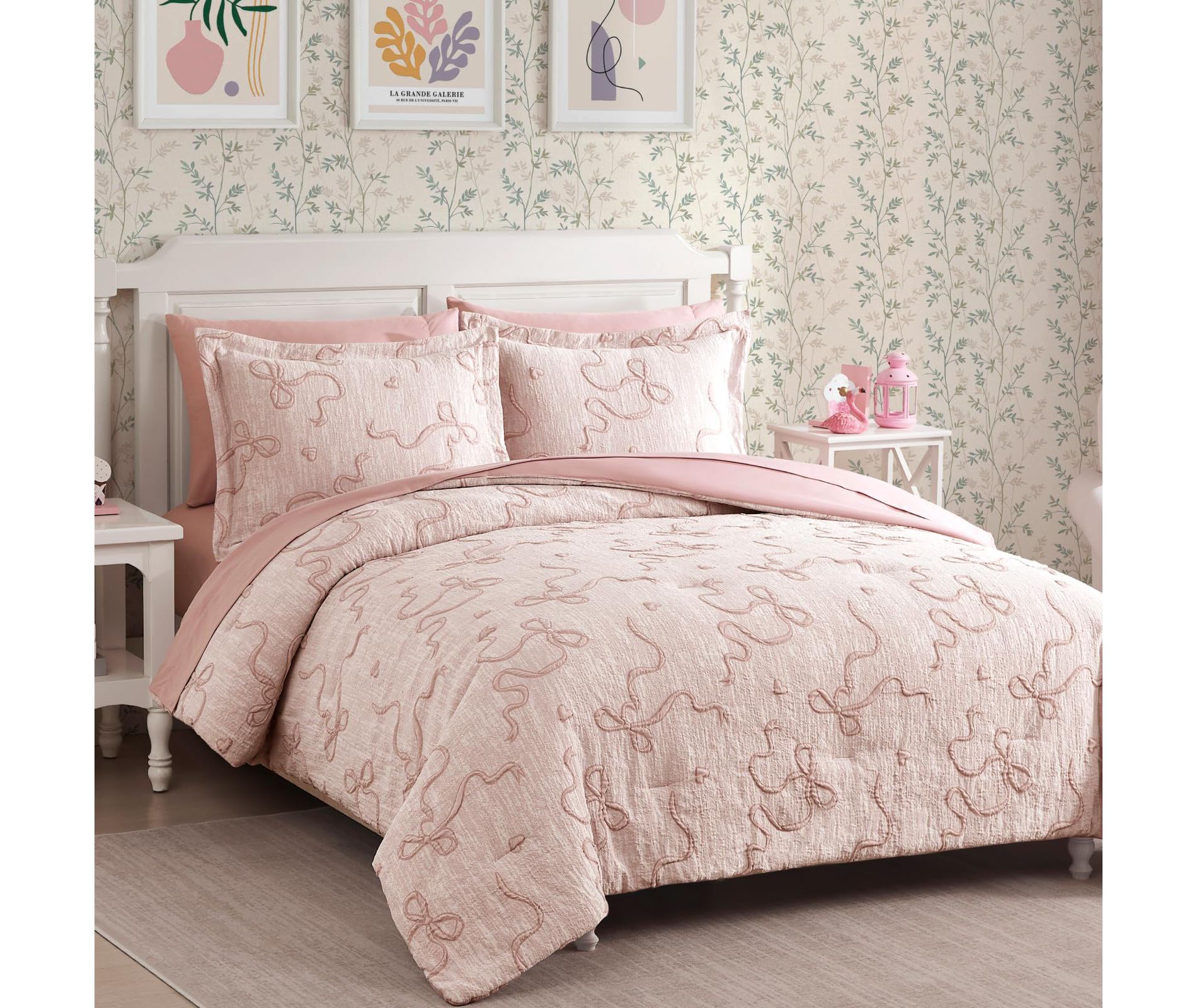 BAGOKIE 5/7 Pieces Bowknot Jacquard Bed in A Bag Bedding Sets with Sheets, Pillowcases & Shams