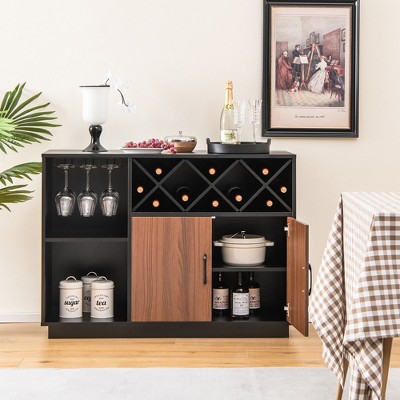 Industrial Black and Brown Wine Bar Cabinet with Glass Holder and Adjustable Shelf