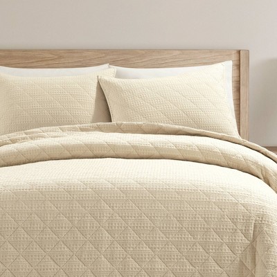 Haniya Neutral Waffle Woven Cotton Full Quilt Set