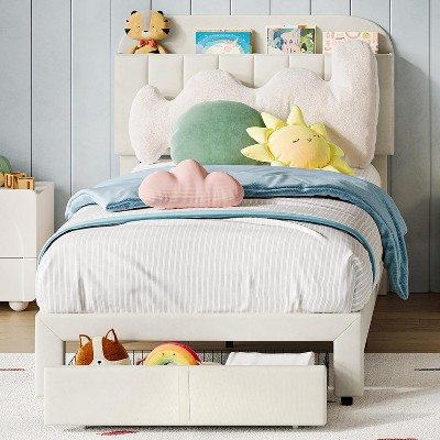 2 Piece Twin Girls Bed Frame with Drawer, Upholstered Platform Bed Frame with Storage Headboard for Kids, No Box Spring Needed, Noise-Free, White