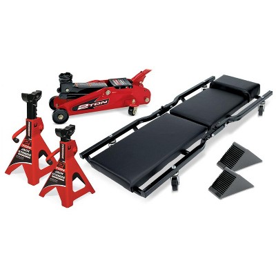 Powerbuilt 640816 6 Piece Car Jack, Jack Stands, Folding Creeper and Wheel Chocks Garage Service Set