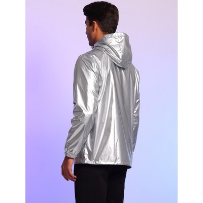 Lars Amadeus Men's Long Sleeves Shiny Party Metallic Hoodie Windbreakers Silver Medium — фото 3