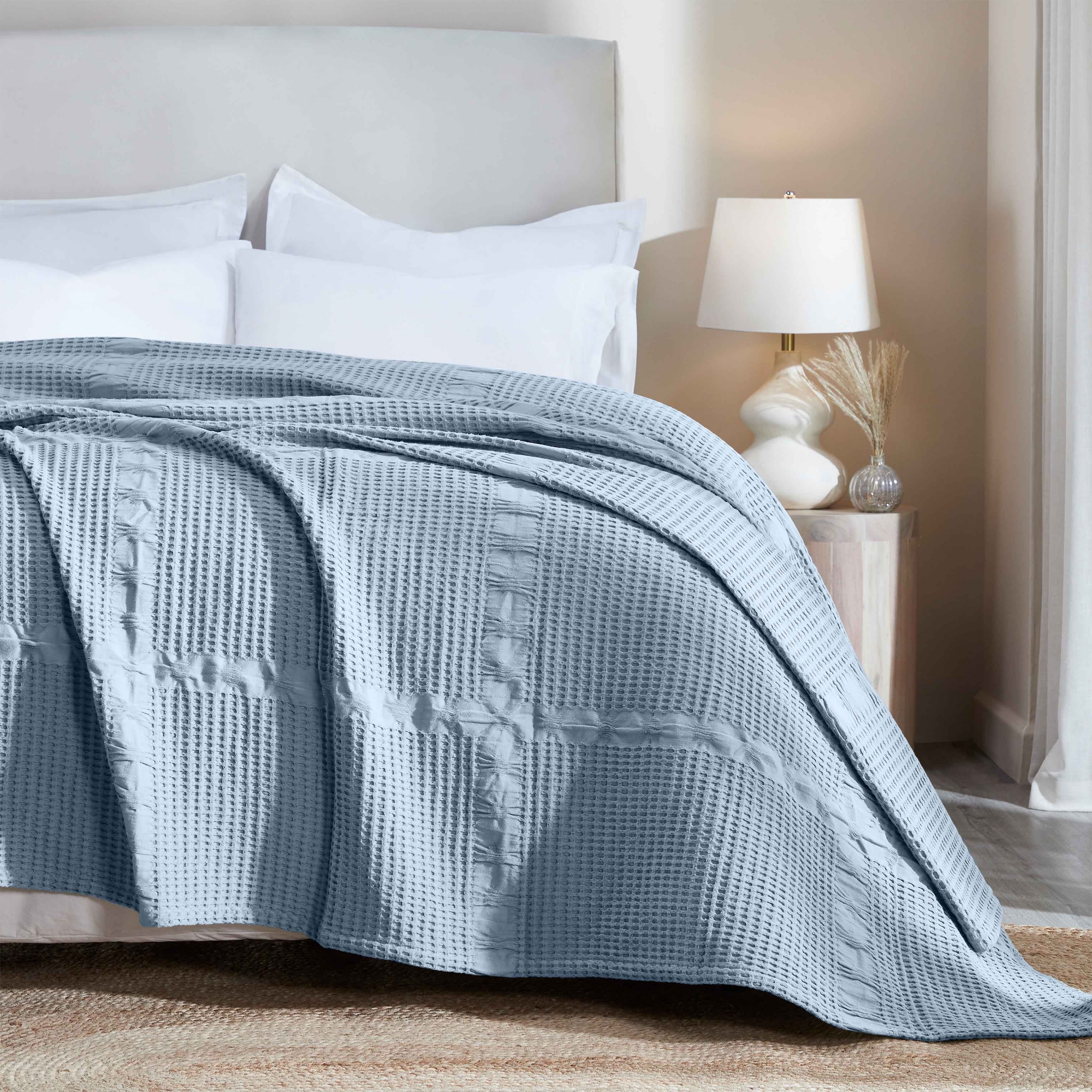 Waffle Weave Textured Soft 100% Cotton Blanket, Full/Queen, Light Blue - Blue Nile Mills