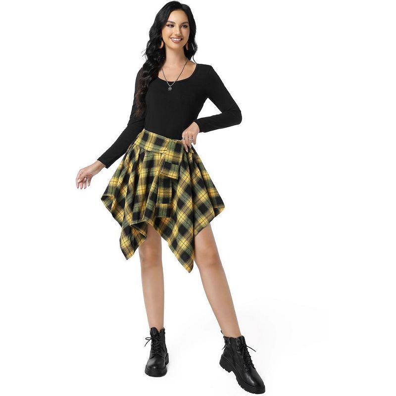 Women's Halloween High Waisted Short A-line Flare Gothic Mini Black Red Plaid Pleated Skirt Dress, 5 of 8