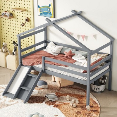 NicBex Twin Size Loft Bed with Slide & Ladder,Low Loft Bed Frame with Guardrails & House Roof Frame,Bed Frame for Kids,Box Spring Not Required,Grey