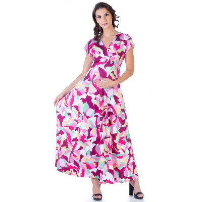24seven Comfort Apparel Pink Floral Maternity Cap Sleeve Flowy Empire Waist Maxi Dress