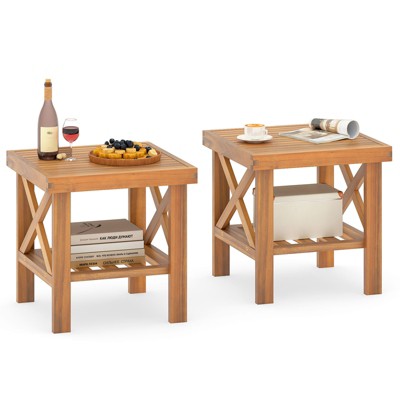 Double-Tier Acacia Wood Patio Side Table With Slatted Tabletop And