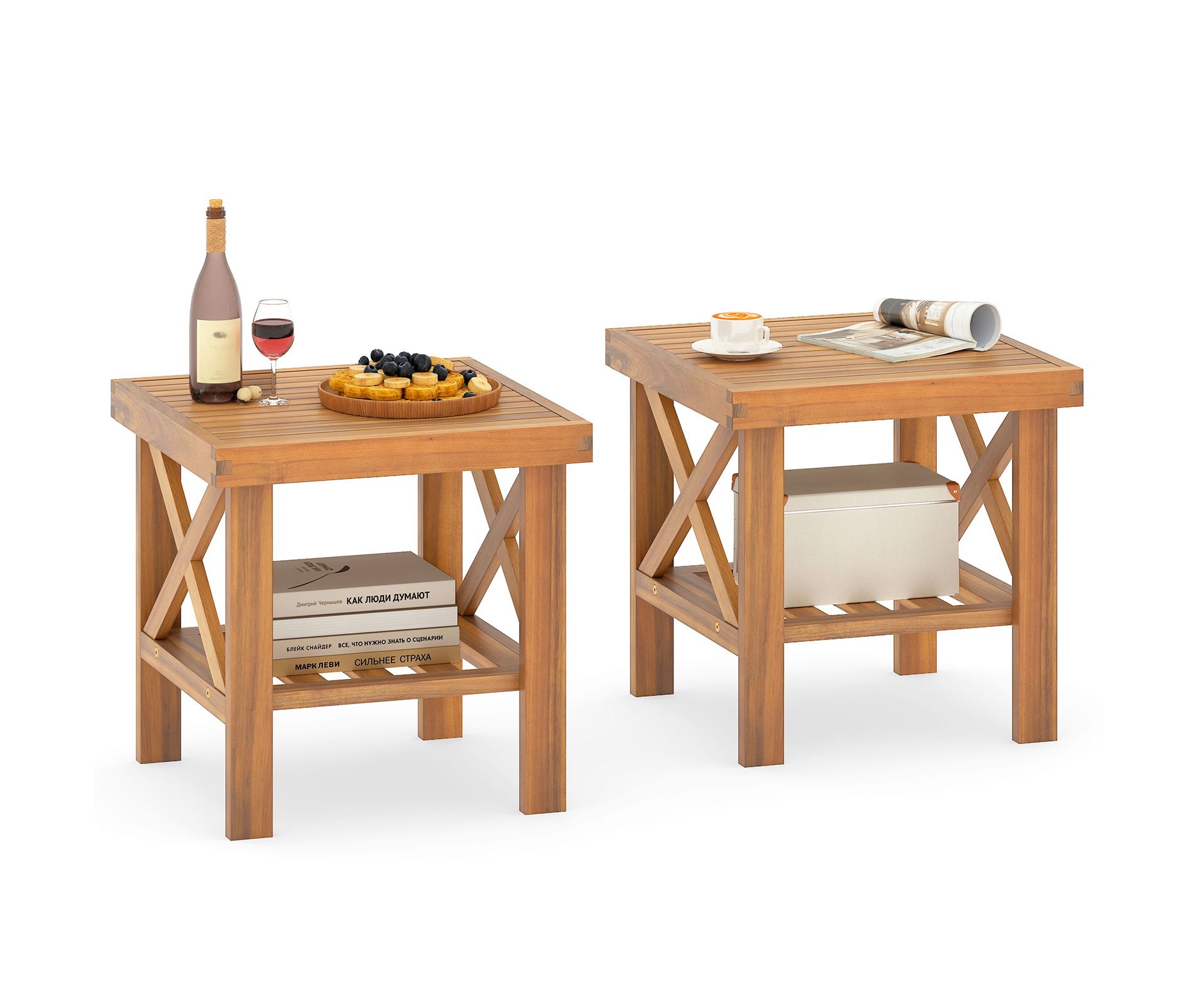 Tangkula 2PCS Outdoor Side Table Acacia Wood Adirondack Table w/ Storage Shelf Natural