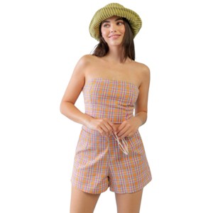 Slickblue Orange Aqua Plaid Strapless Crop Top & High Waist Shorts Set - Cotton, 2-Piece Outfit, Size S-L - 1 of 4