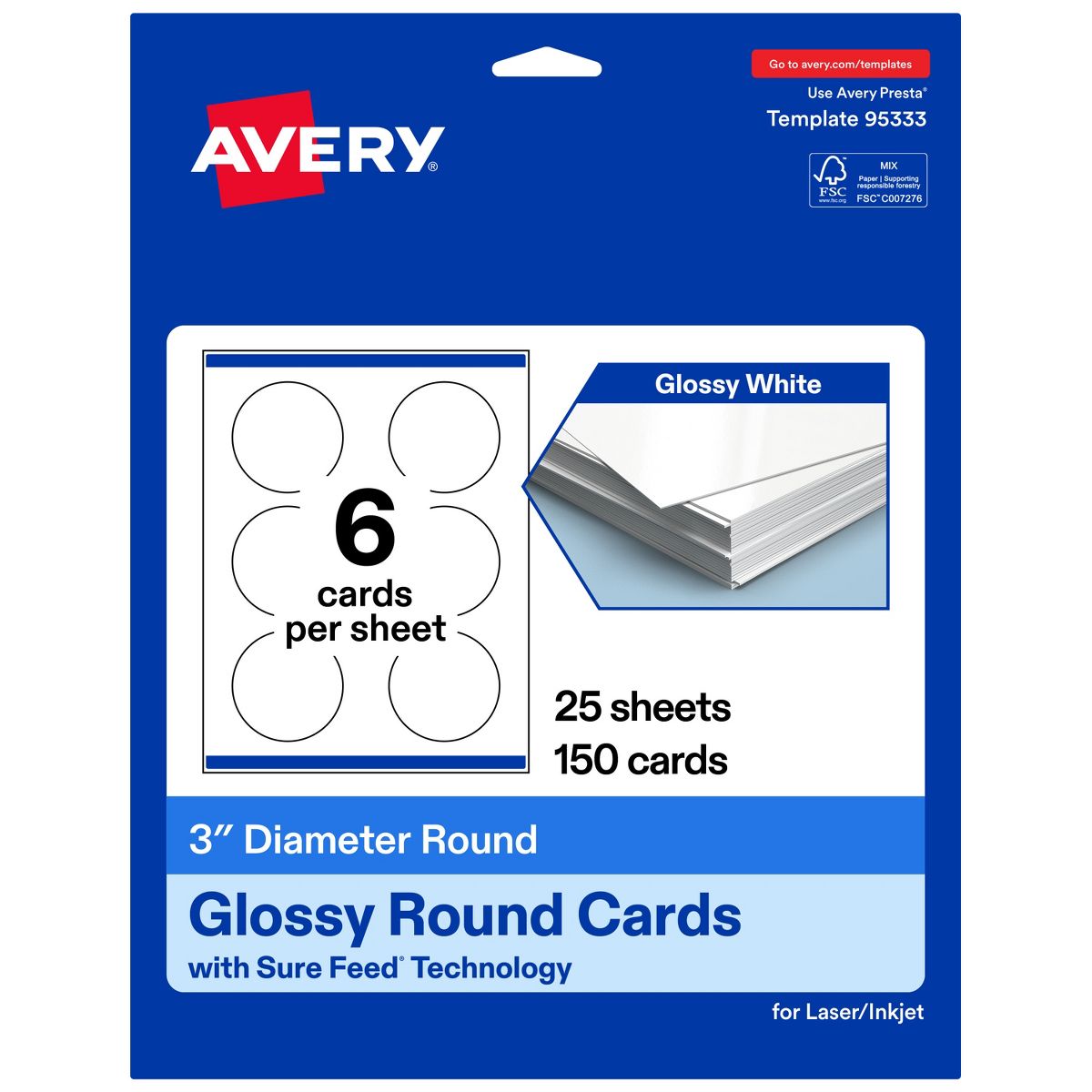 Avery Glossy White Round Cards, 3" Diameter Round