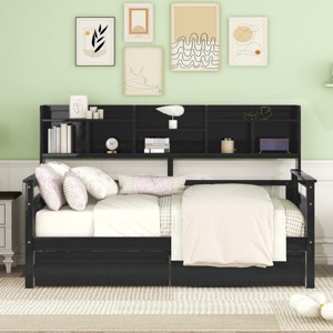Daybed with Storage Drawers and Bedside Shelves, Solid Wood Sofa Bed for Bedroom or Living Room-Baofuwish - 1 of 4