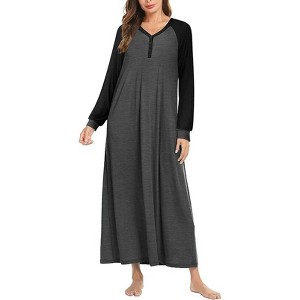 Ekouaer Nightgown Long Sleeve for Women Sleepwear V Neck Loungewear Button Full Length Nightshirt - 1 of 2