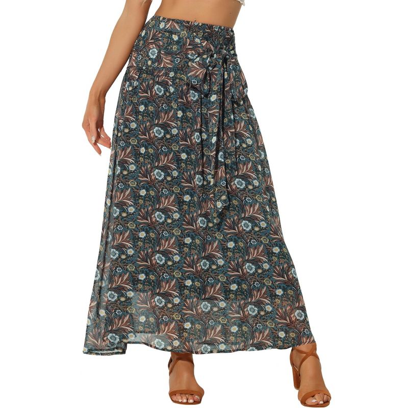 Allegra K Women's Boho Long Smocked Tie Waist Chiffon Tropical Floral Maxi Skirts, 1 of 6