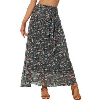 Allegra K Women's Boho Long Smocked Tie Waist Chiffon Tropical Floral Maxi Skirts