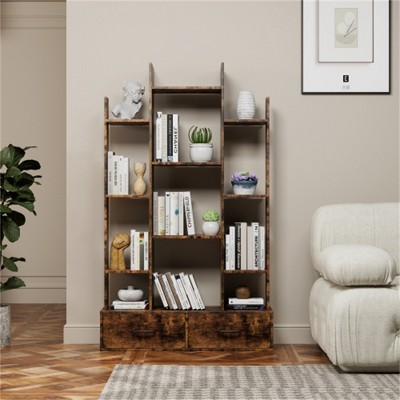 YONWAY Industrial Freestanding Open Display Shelving, Vintage Open Bookcase, Book Storage for Bedroom, Living Room, Home Office, Rustic Brown