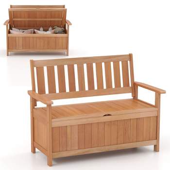 Costway 48 Inch Patio Storage Bench Wood Loveseat with Slatted Backrest for Backyard