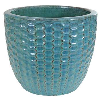 Sunnydaze Raised Hexagon Pattern Glazed Ceramic Planter - Turquoise - 14" Round