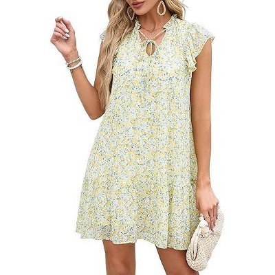 Women's Babydoll Mini Dress Summer V Neck Sleeveless Flutter Sleeve Boho Floral Flowy Shift Short Dress Yellow Floral XL