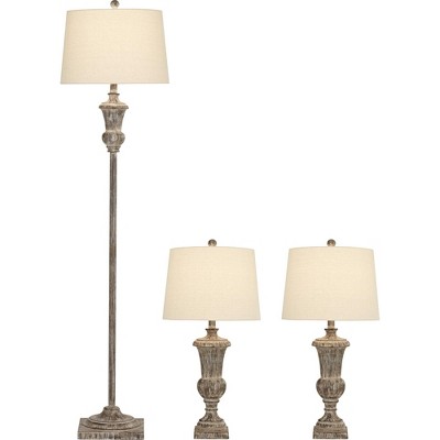 Regency Hill Vase Farmhouse Rustic Country Cottage Table and Floor Lamp Set Brown Faux Light Wood Finish Off-White Shade Living Room Bedroom Bedside