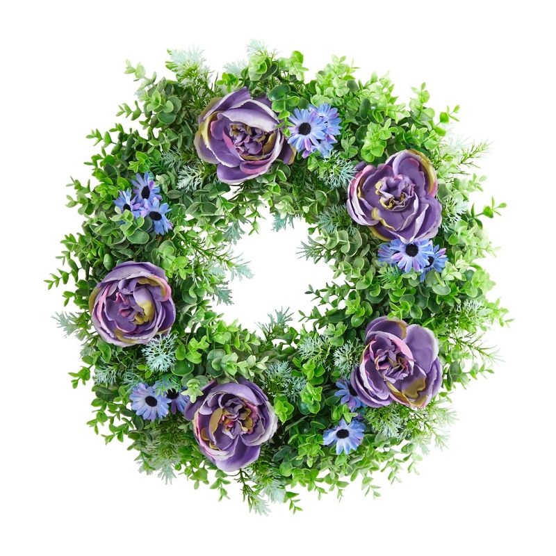 Nearly Natural 22” Purple Rose, Blue Daisy and Greens Artificial Wreath, 1 of 5