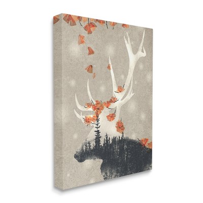 Stupell Industries Tree Forest Elk Silhouette Orange Florals