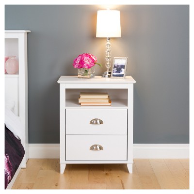 White Tall 2-Drawer Nightstand with Open Cubby