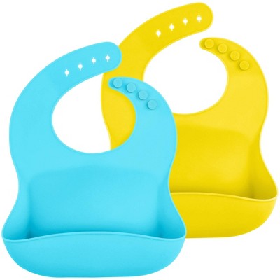 Image of WeeSprout Waterproof Silicone Baby Bibs, Pocket to Catch Food - Set of 2 (Blue, Yellow)