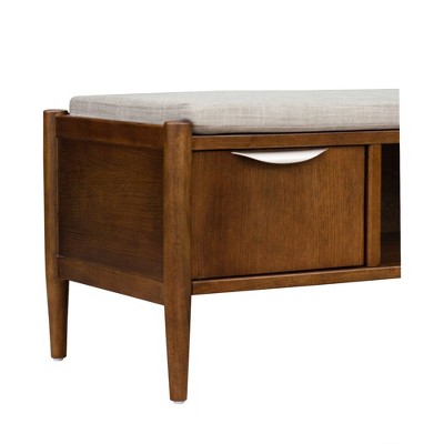Mid-Century Walnut Storage Bench with Upholstered Cushion