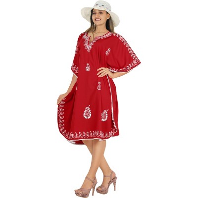 LA LEELA Women's House Daily Routine Evening Wear Cover Ups Ladiessuit Coverup Caftan Bikini Casual Short Kaftans for Women 2X-3X Red, Solid